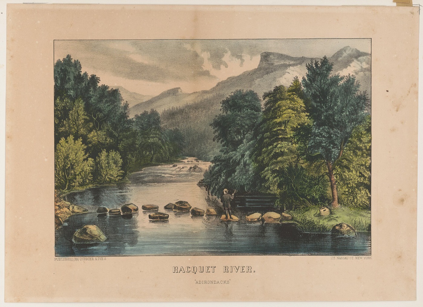 19th-century Currier and Ives lithograph of the Raquette River in the Adirondacks